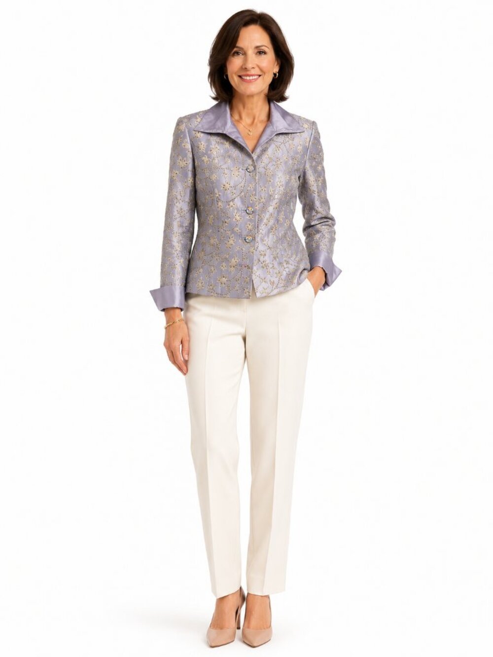 JS Collections Silver-Gray Blazer with Gold Floral Embroidery